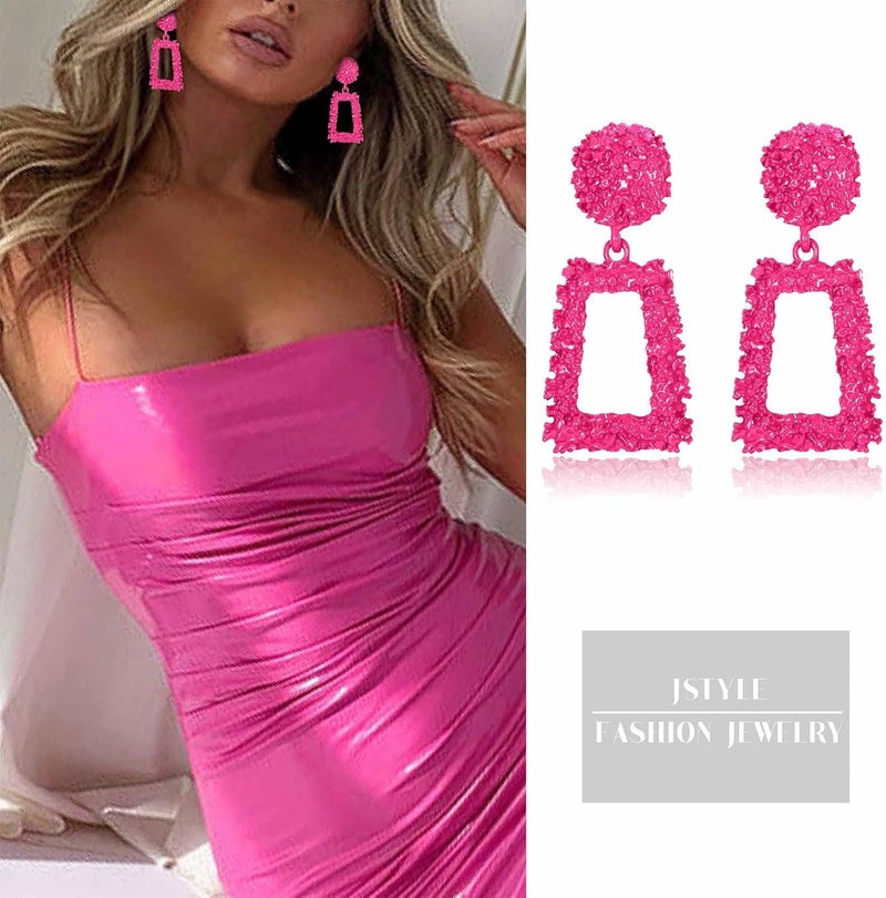 Jstyle Gold Statement Clip On Earrings for Women, Big Rectangle Geometric Dangle Clip Earrings Fashion Large Gold Silver Hot Pink Drop Earrings for Women Non Pierced - Image 3